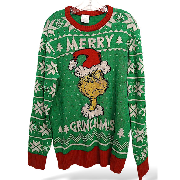 Dr. Seuss The Grinch Ugly Christmas Sweater Men's Size L 42-44 Green Long Sleeve - Picture 1 of 11